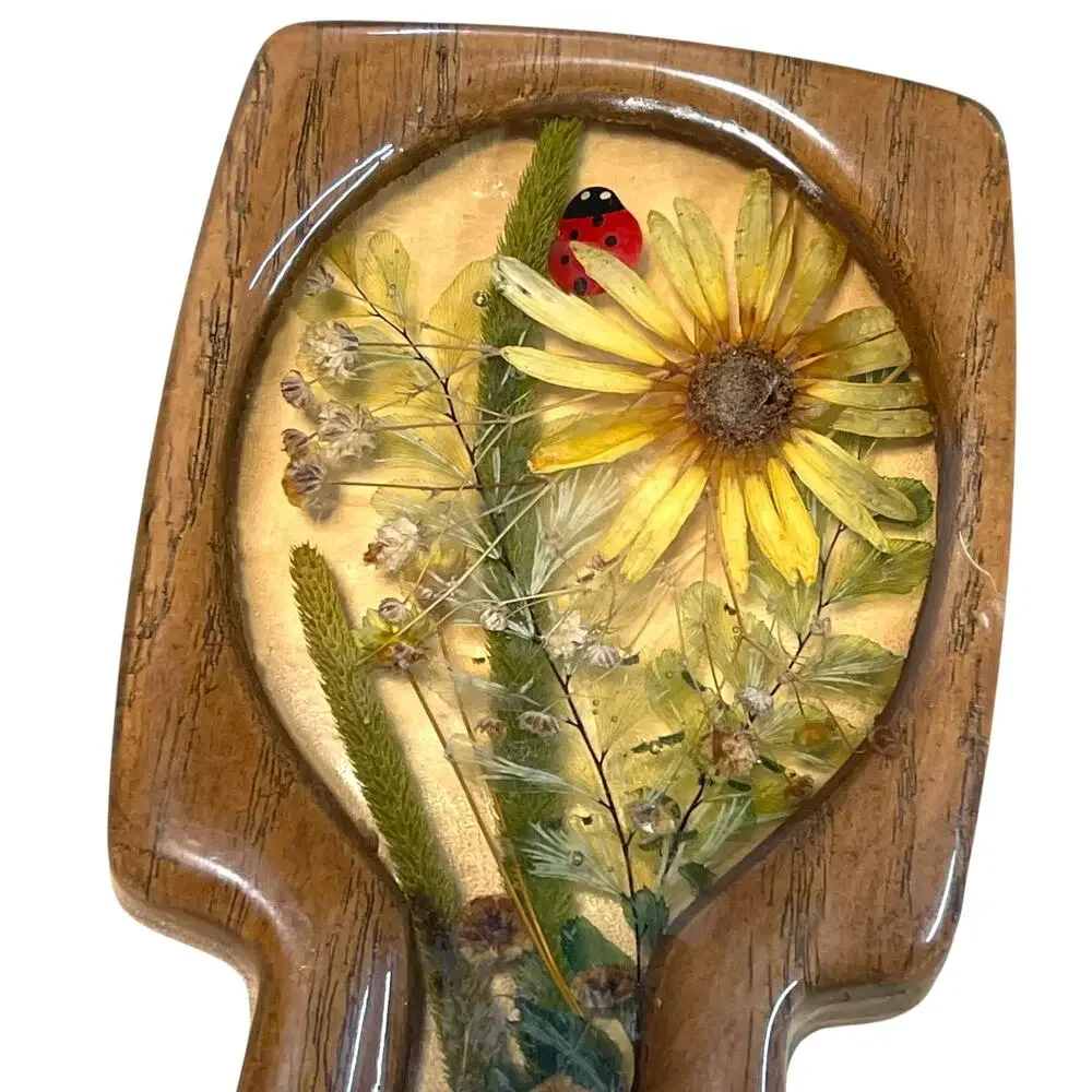 Vintage Lucite Style Pressed Flower Spoon Rest Ladybug Faux Wood Handmade